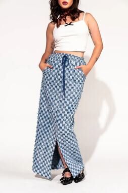 Dressed in LALA Check Mate Textured Denim Checker Maxi Skirt Blue Small